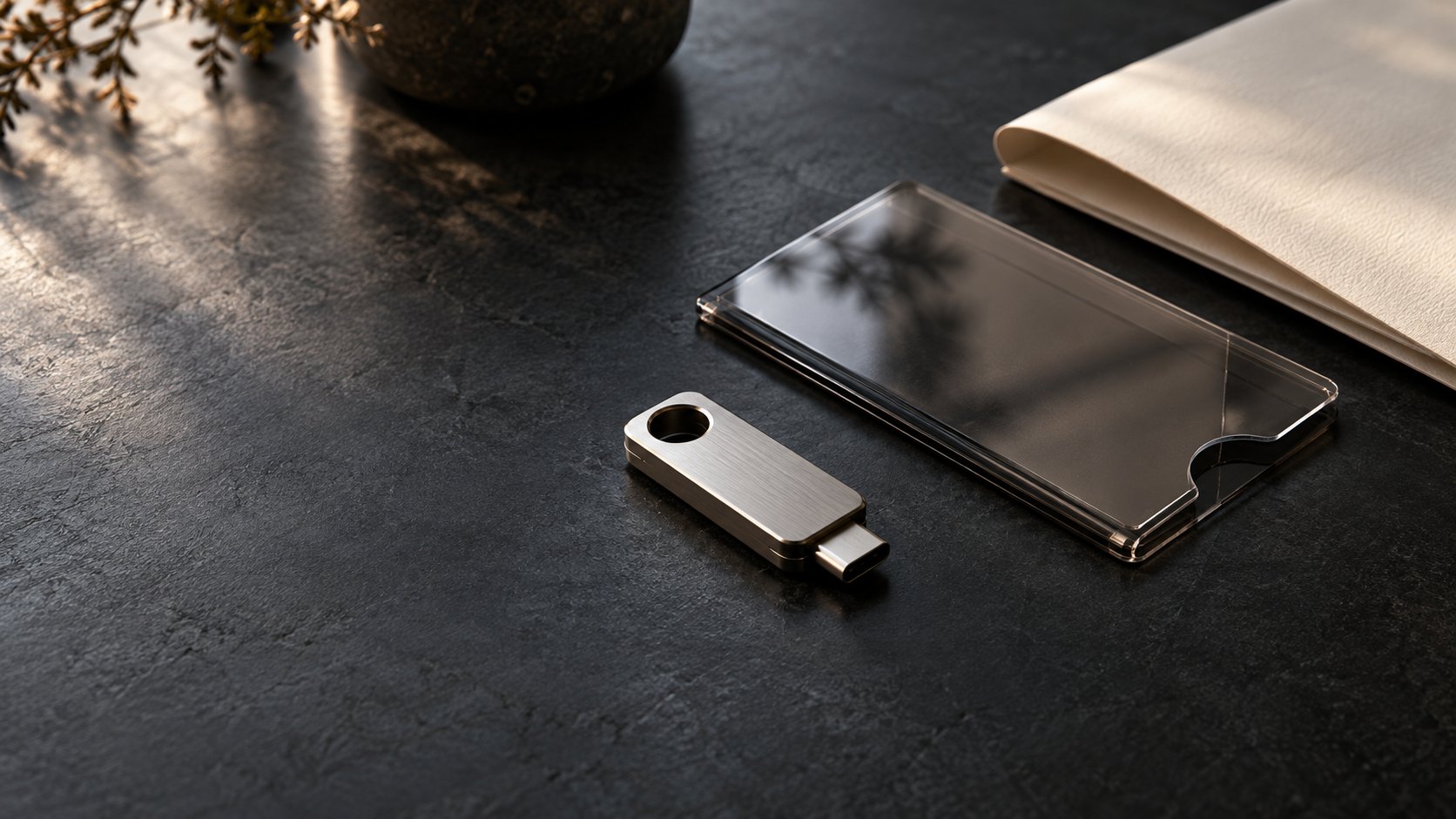 A metal USB token and translucent sleeve on a dark stone desk.